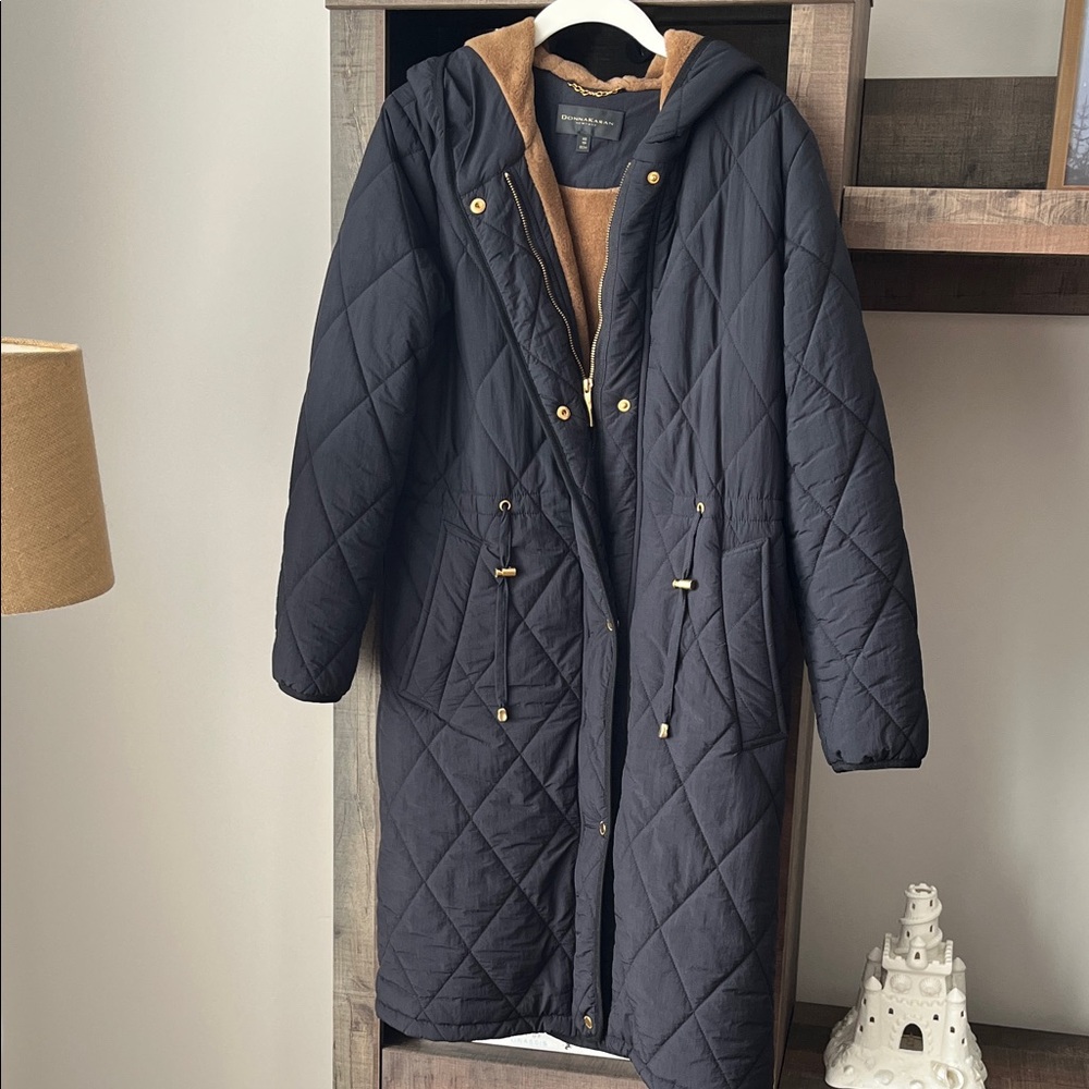 Donna Karan Black Quilted Hooded Puffer with Tan Lining